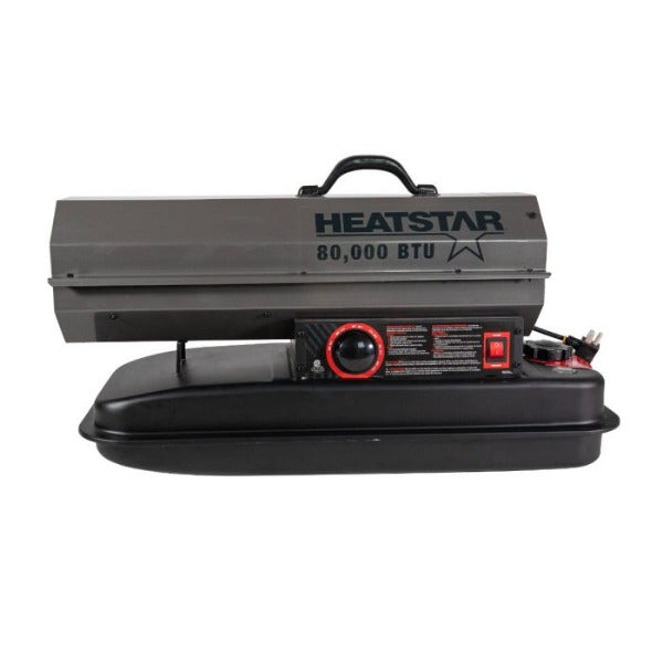 A Heatstar 80,000 BTU heat gun with a gray top housing and a black base, shown from the side against a white background.