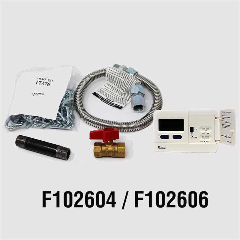 An installation kit for Enerco heating equipment, including a thermostat, hoses, valves, and other components.